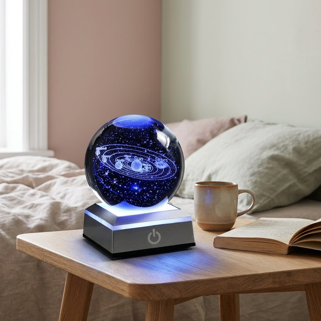 3D planet crystal ball displayed on a bedside table as elegant home decor.