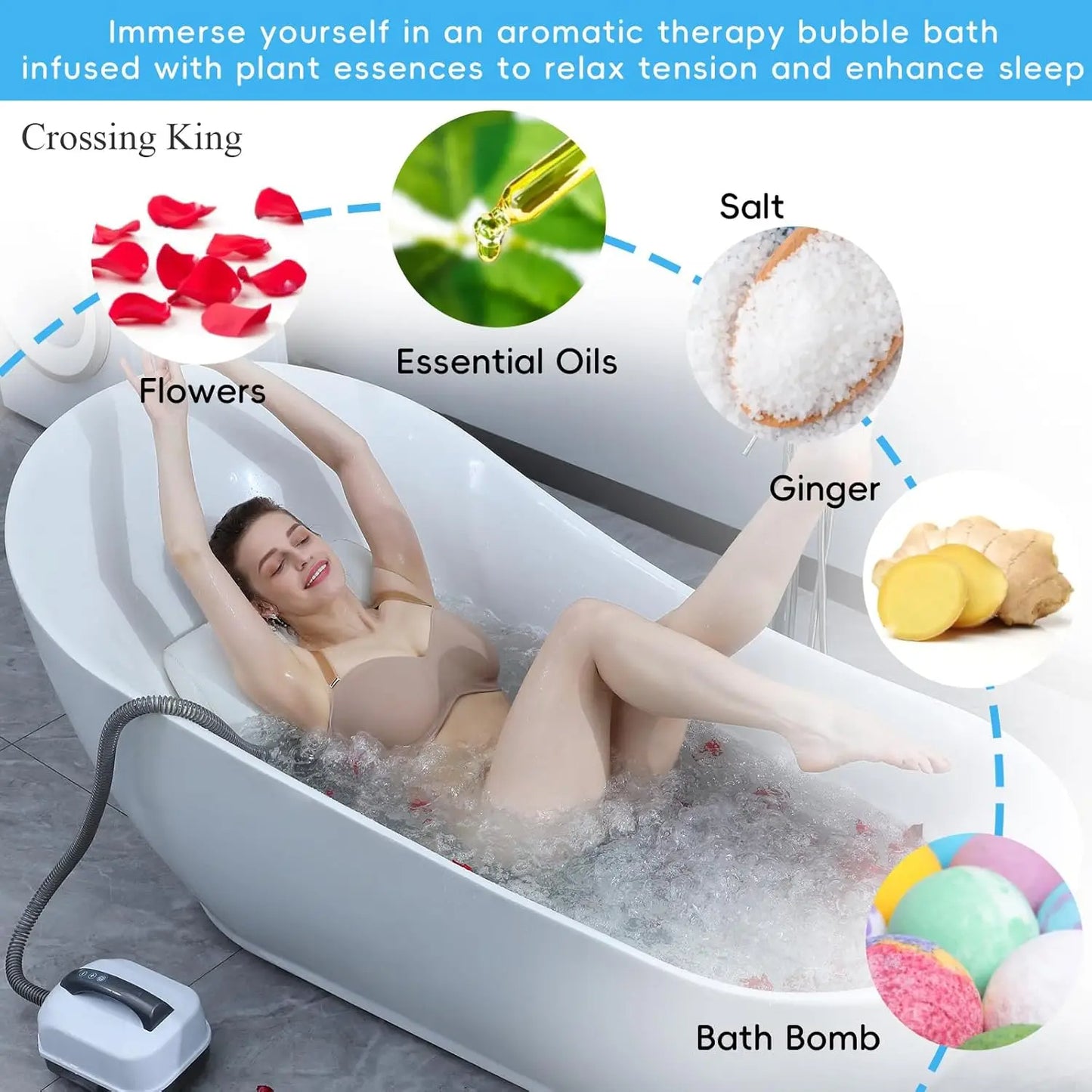 Person lying back in a bathtub using the bathroom jacuzzi mat, showing the full-body bubble coverage from feet to shoulders.