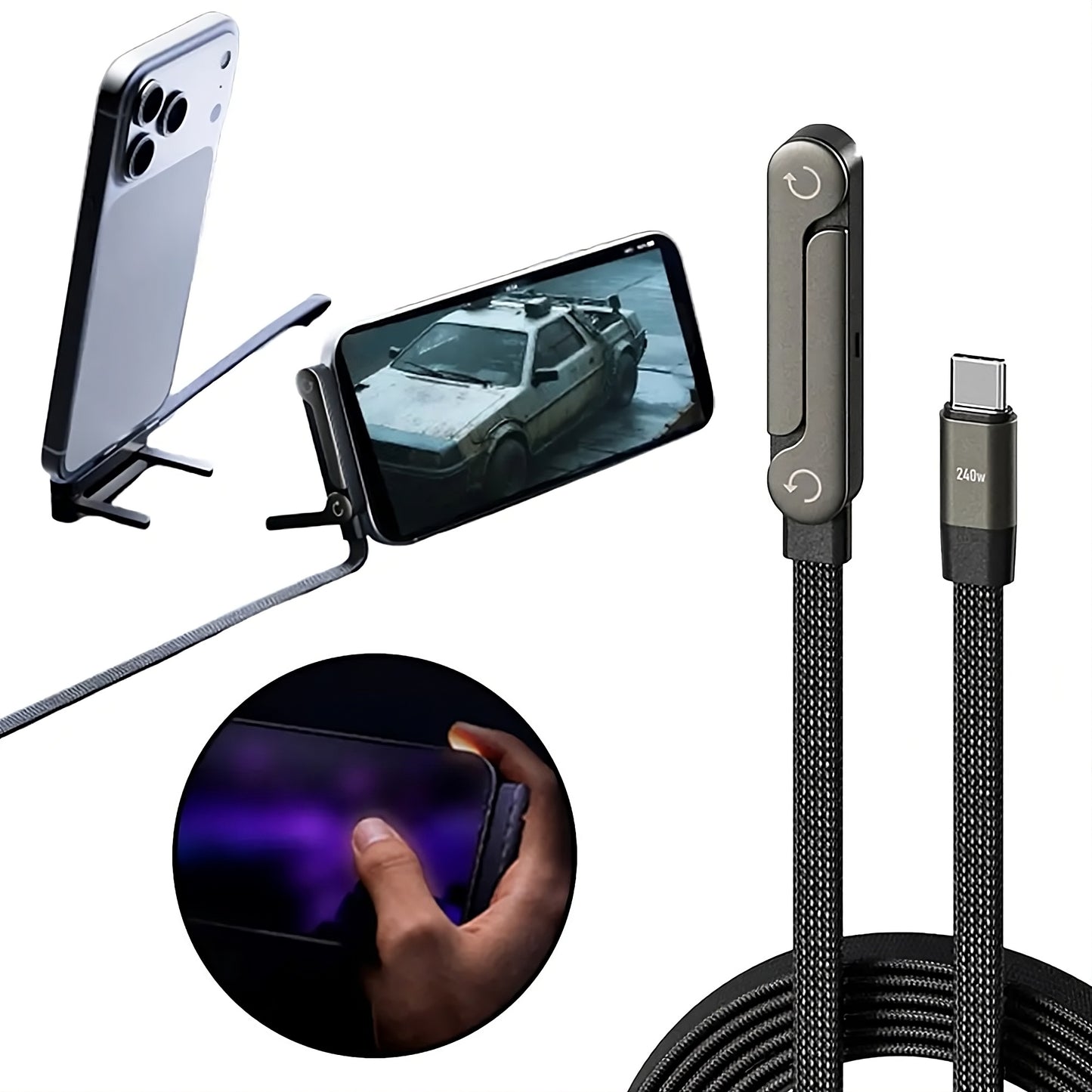 2 in 1 Fast Charging Cable & Phone Stand | 240W USB-C PD Cable with 360° Rotating Desk Stand