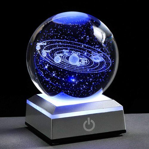 Solar System Crystal Ball | 3D Engraved Galaxy Glass Sphere with LED Base