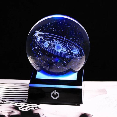 Solar System Crystal Ball | 3D Engraved Galaxy Glass Sphere with LED Base