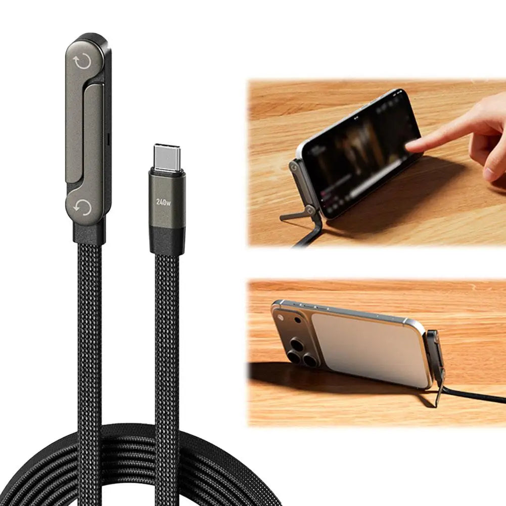 2 in 1 Fast Charging Cable & Phone Stand | 240W USB-C PD Cable with 360° Rotating Desk Stand