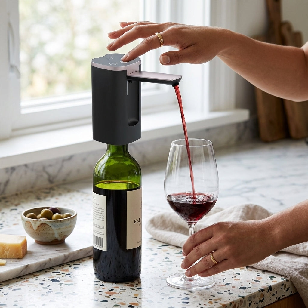 Close-up of the alcohol bottle dispenser in use, showing a precise pour of red wine into a glass with one-touch operation.