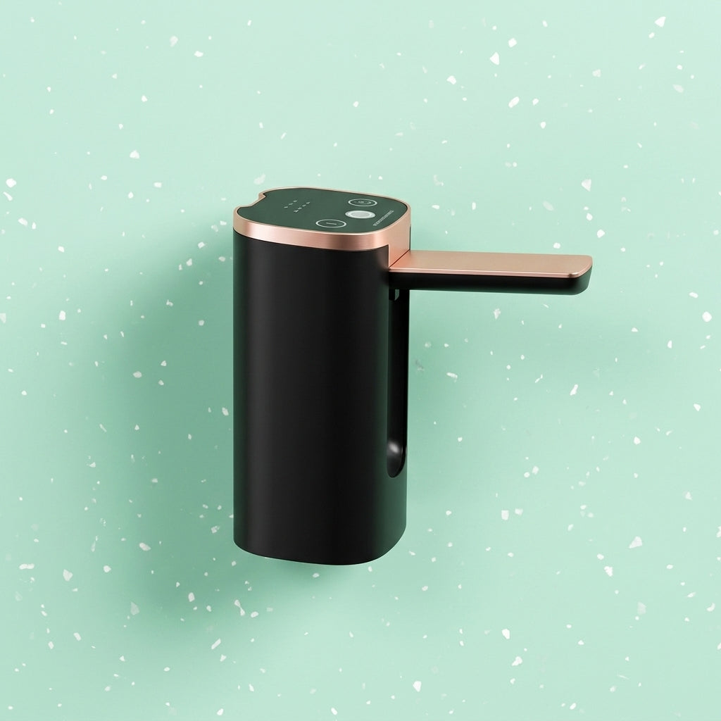 Alcohol dispenser pump shown mounted on a bottle against a teal background, highlighting the compact foldable design.