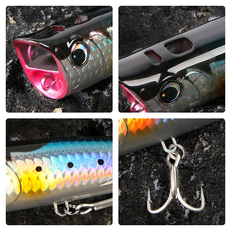 Bass fishing lure close-up showing the 3D holographic eyes and sharp treble hooks, built to withstand repeated strikes from largemouth bass and pike.