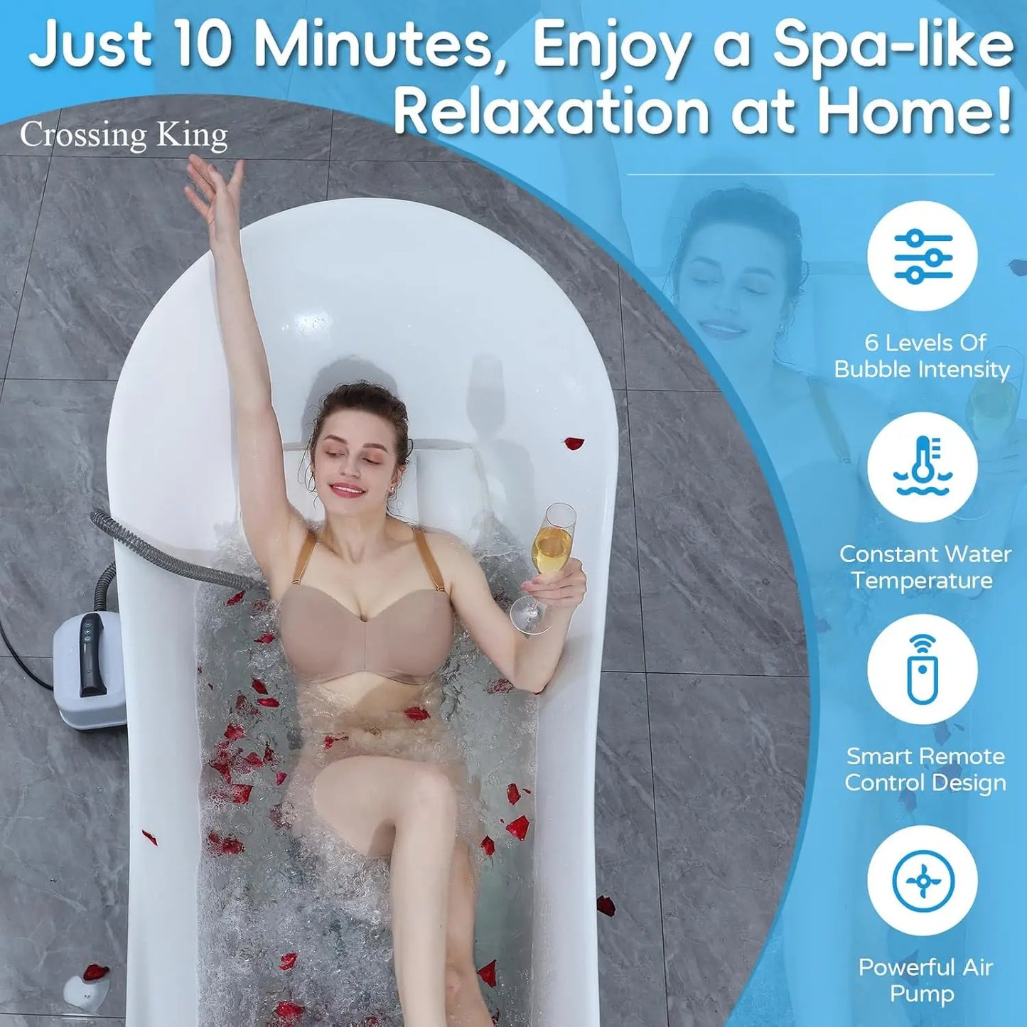 Woman relaxing in a bubble-filled bathtub with the electric bathroom bathtub mat in use, delivering a full-body spa massage at home