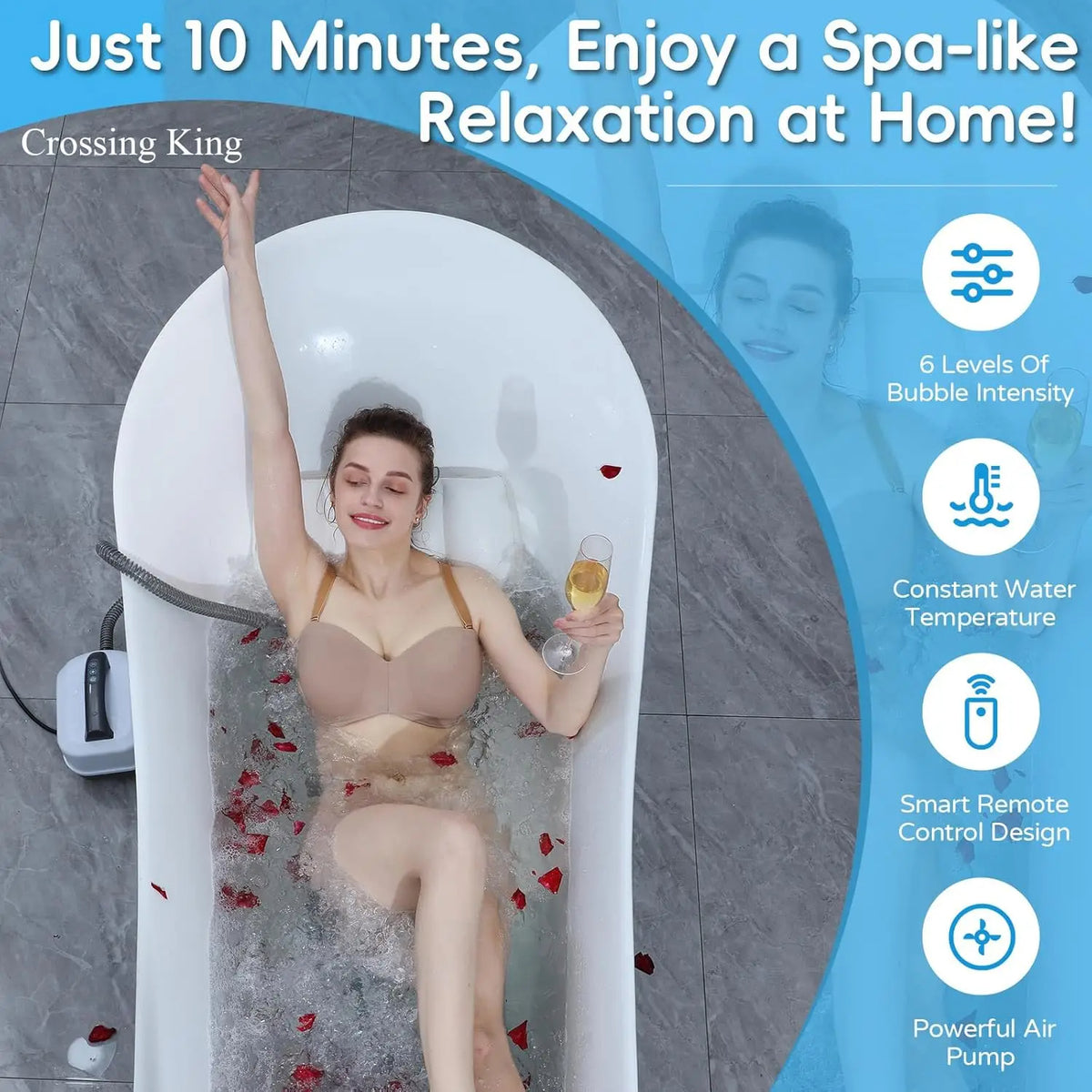 Woman relaxing in a bubble-filled bathtub with the electric bathroom bathtub mat in use, delivering a full-body spa massage at home