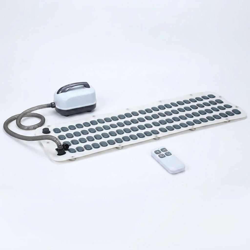 Bathtub floor mat showing all 114 air jet holes and the 13 suction cups on the underside, designed to stay firmly in place during use.