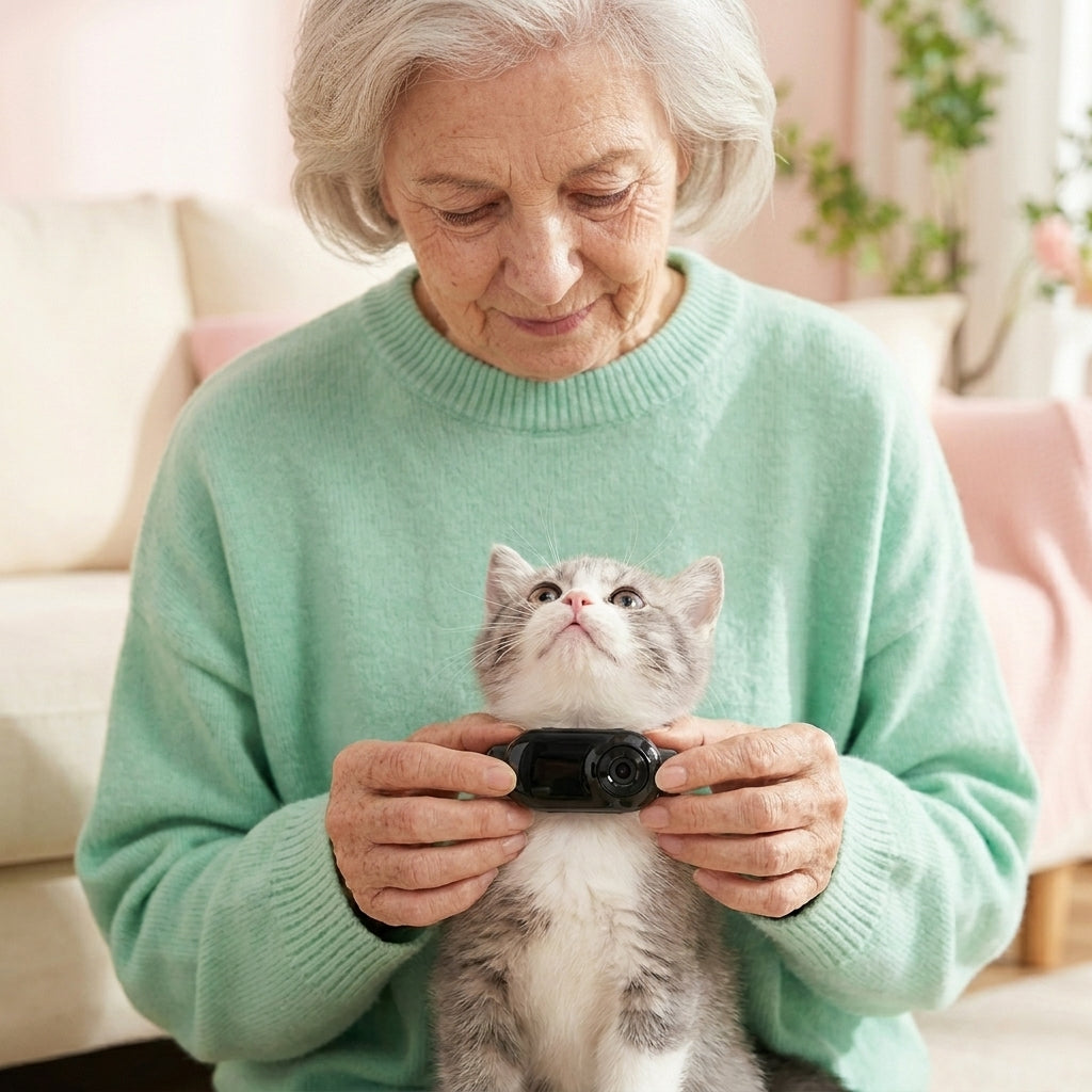 Elderly woman holding a cat while reviewing footage from the best cat camera collar on her phone.