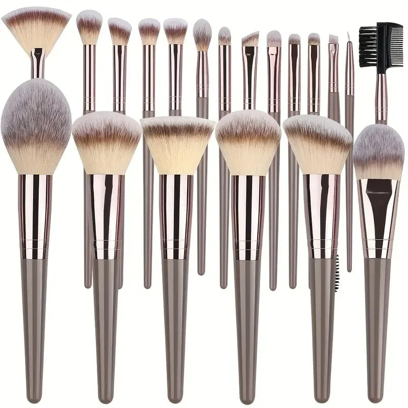 20-piece best cosmetic brushes set flat lay showing all brushes including the foundation brush, contour brush, bronzer brush, and complete eye brush set.