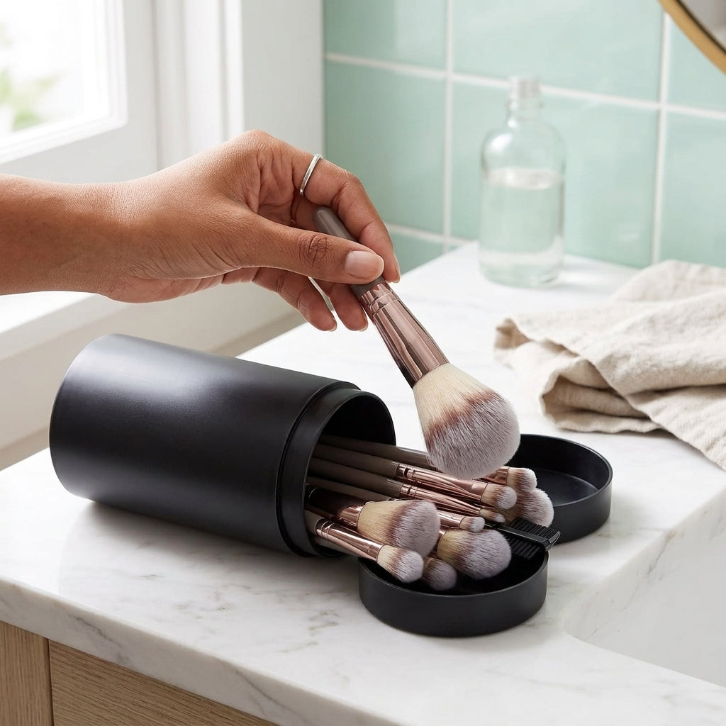 Hand holding the best cosmetic brushes over a black brush holder, showing the complete professional makeup brushes set ready for use.