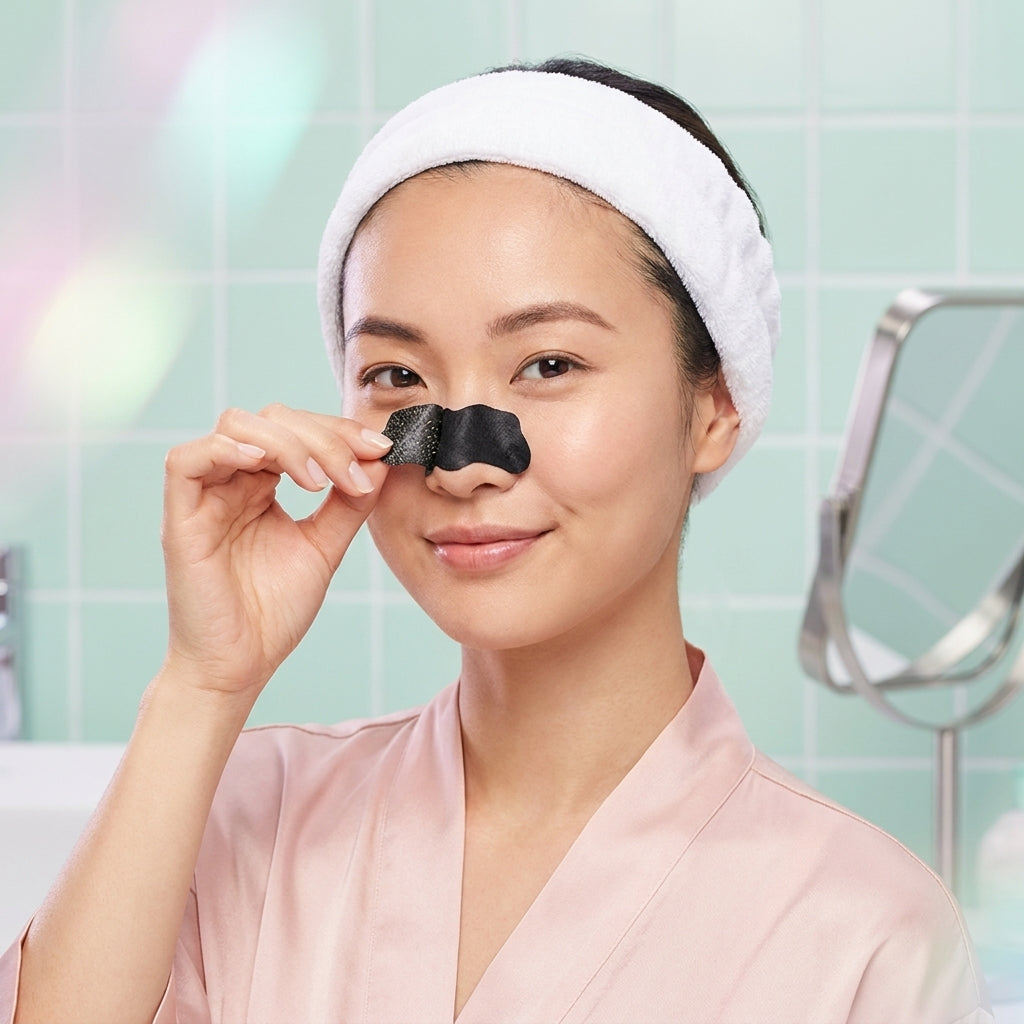Woman peeling blackhead nose strips off her nose, showing the strip lifting deep blackheads from the pore in one motion.