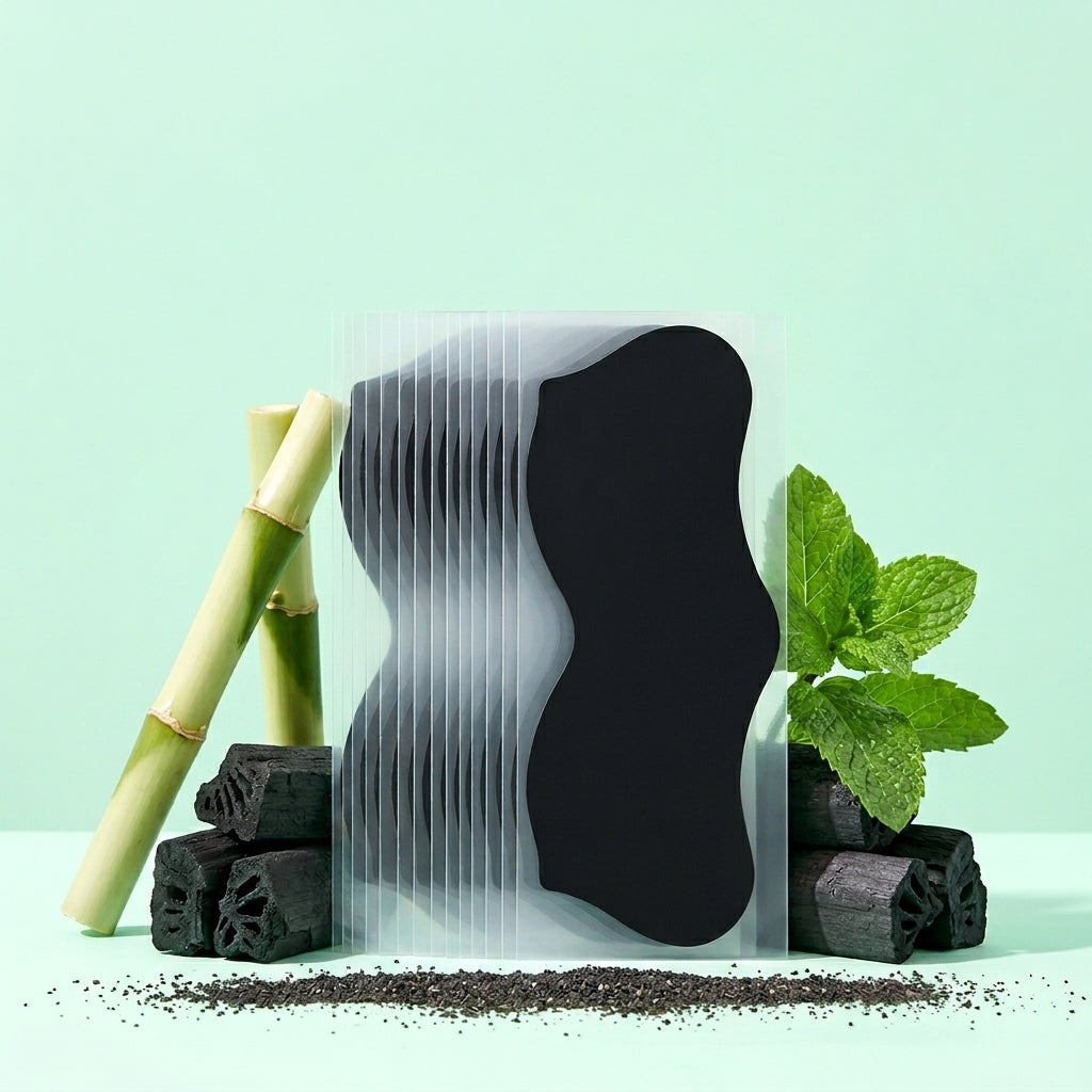 Blackhead pore strips displayed with bamboo charcoal and mint leaves, showing the deep cleansing charcoal formula.