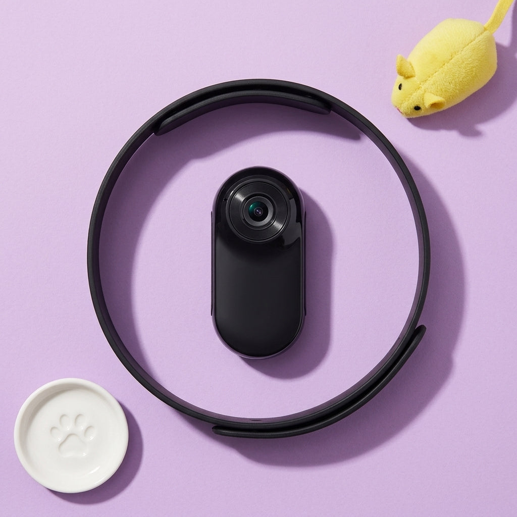 Camera collar for cats shown on a purple background with a small toy, highlighting the compact pet collar camera design.