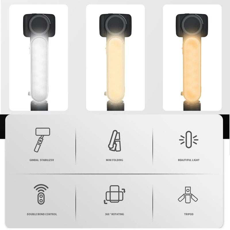 Camera gimbal stabilizer LED fill light infographic showing the three colour temperature modes: 3000K warm, 4500K mixed, and 6500K cool white.