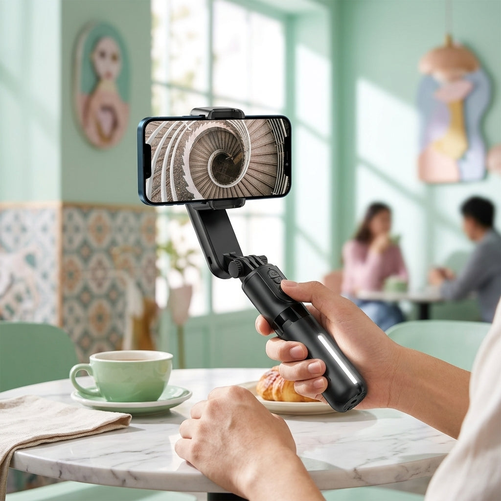 Person using the camera stabilizer at a dining table with the LED fill light on, demonstrating smooth handheld filming.