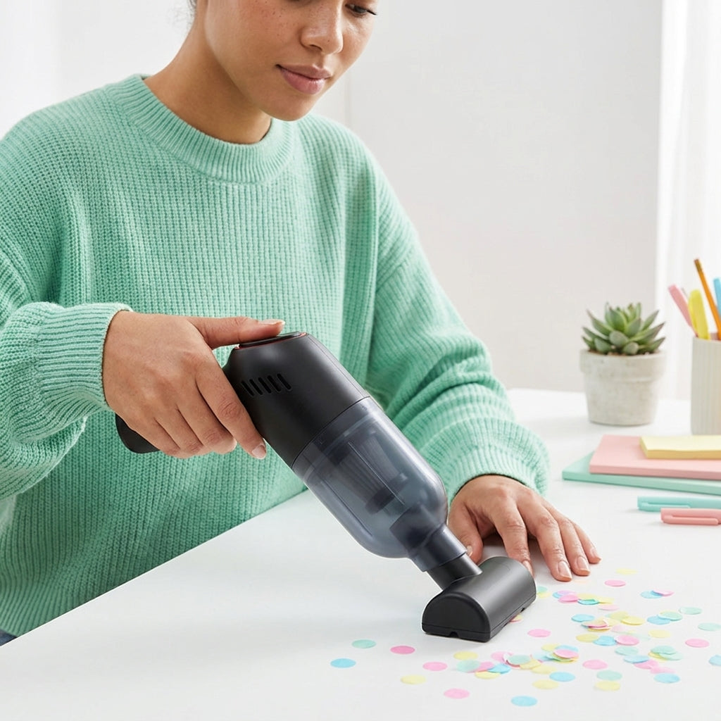 Woman using the car cleaning vacuum cleaner on a hard surface, demonstrating the lightweight one-handed cordless operation.