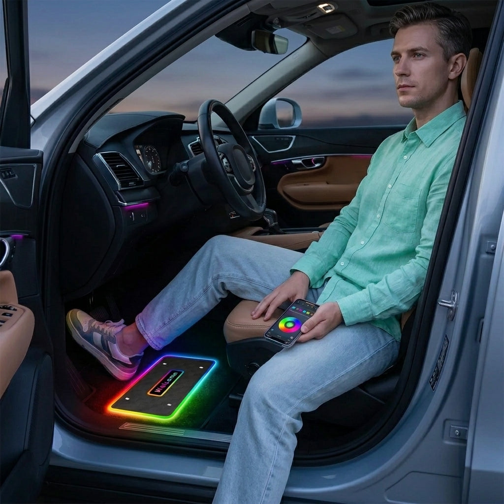 Man in driver's seat showing custom fit car mats with RGB LED glow as a car interior upgrade.