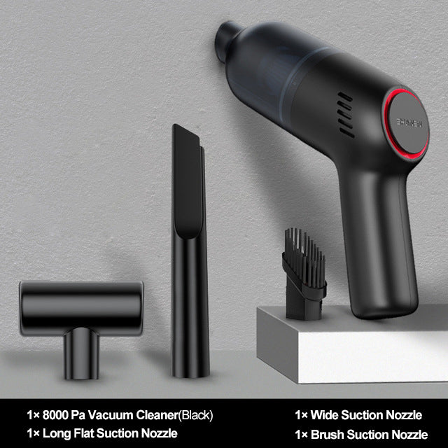 Car vacuum cleaner with 8000PA suction shown with all three interchangeable nozzle attachments included.