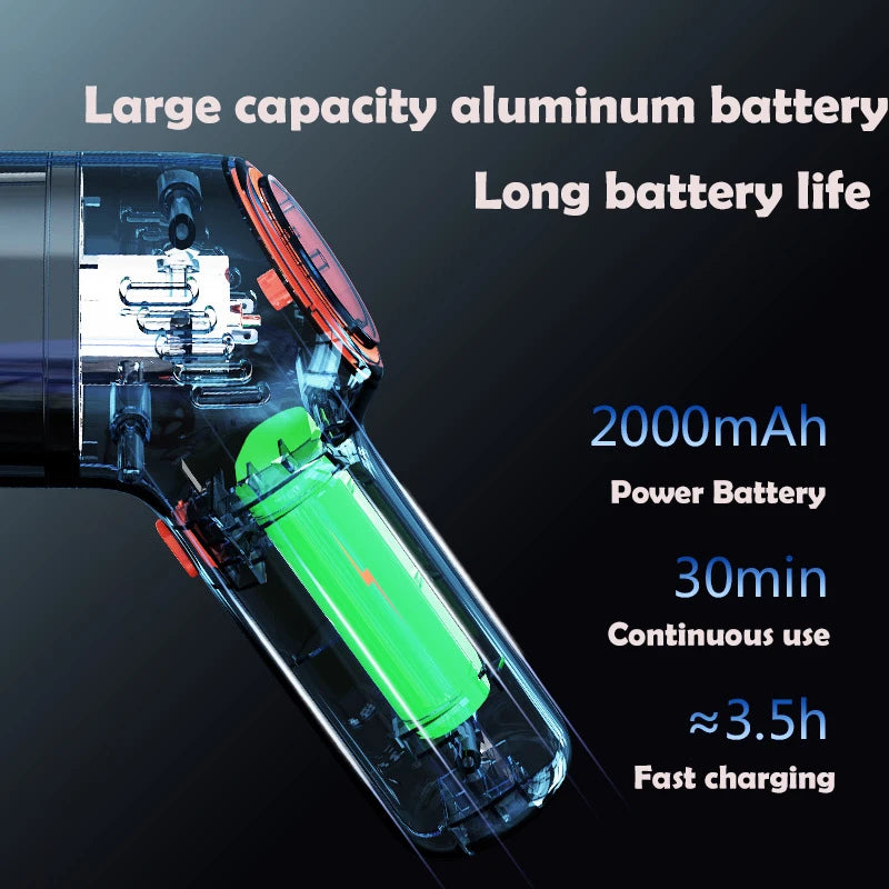 Cordless car vacuum shown charging via USB, with the 2000mAh battery delivering 30 minutes of continuous suction.