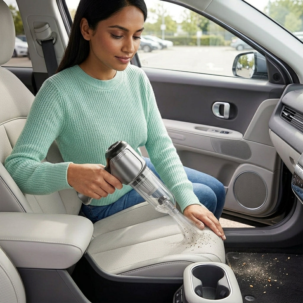 Woman using the cordless car vacuum to clean a car seat, demonstrating the portable vacuum cleaner in action.