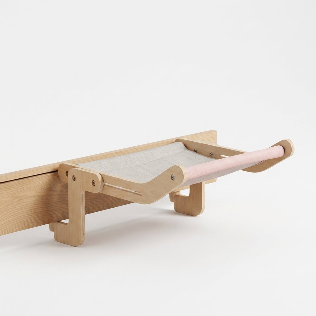 Side view of a sturdy cat bed hanging from a wooden frame.