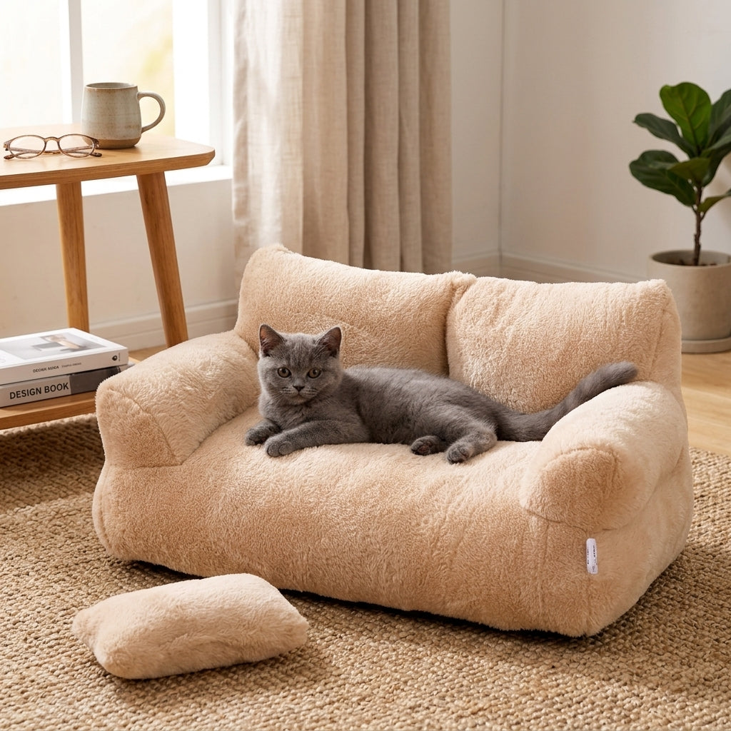 Cat couch styled on a wooden floor next to a plant and coffee cup, showing how the neutral beige colour complements home décor.