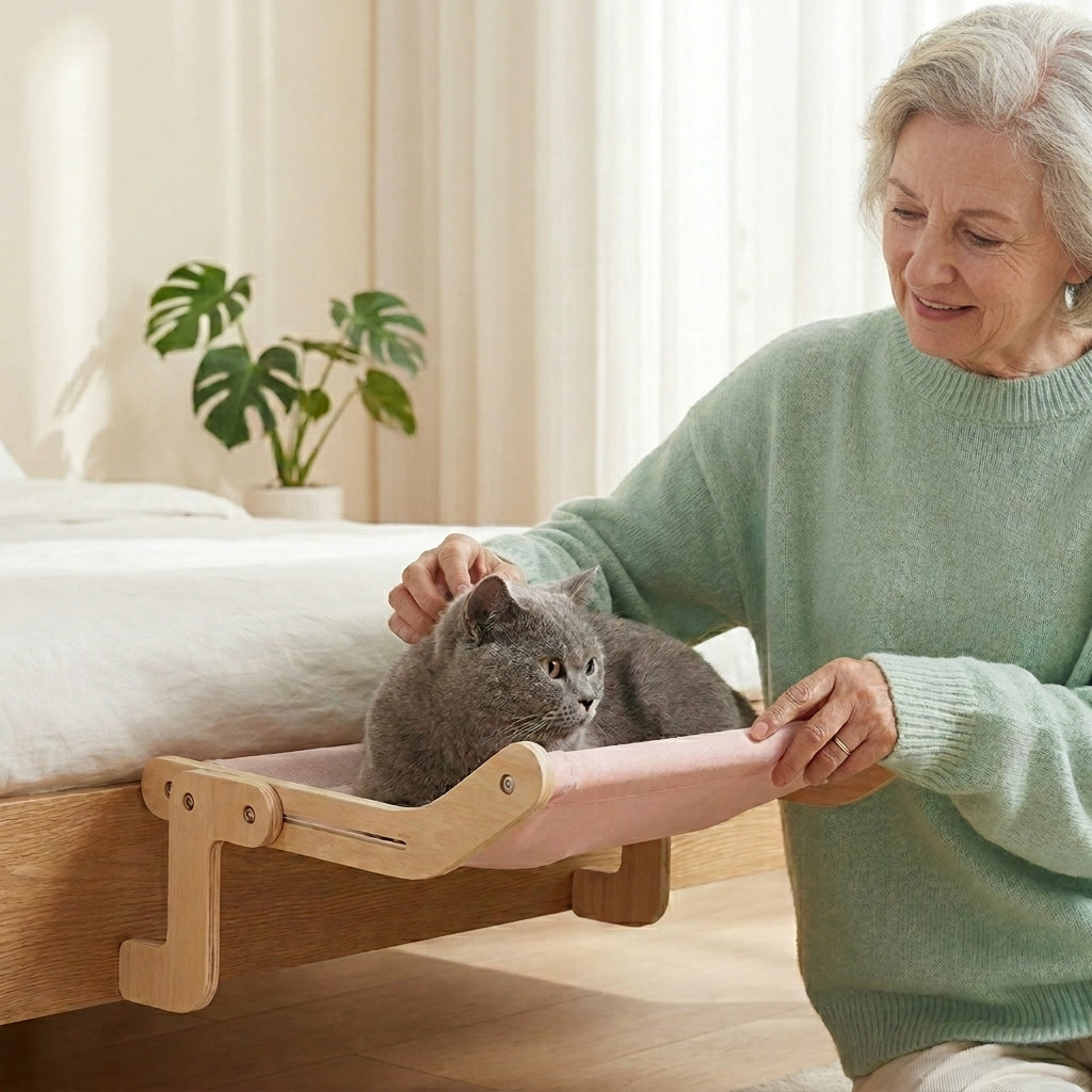 Happy gray cat in hammock being petted by its owner indoors.