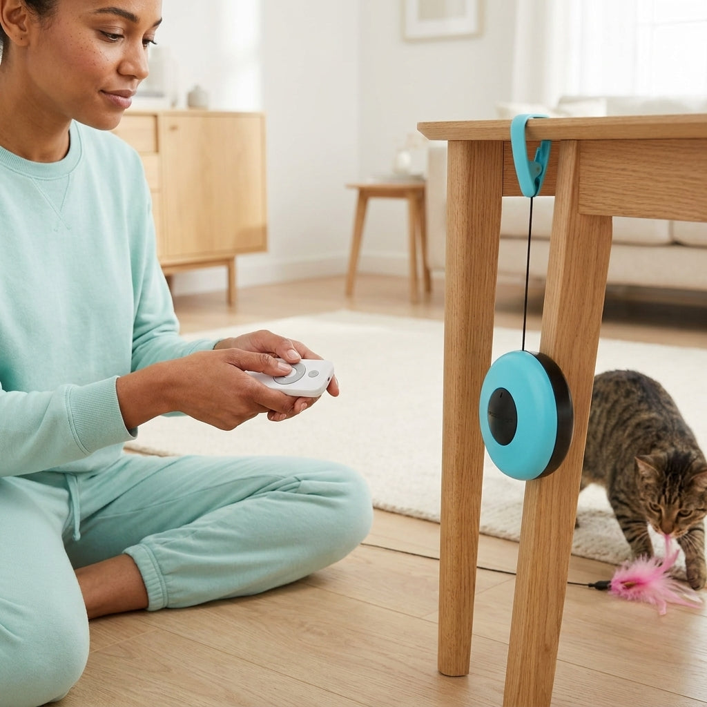 Cat chasing the automatic lure on the cat toy chase treadmill, showing the hunting instinct triggered by the erratic mouse movement.