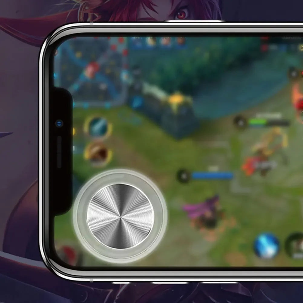 Cell phone game controller attached to an Android phone, showing universal compatibility across iPhone and Android devices for FPS and action games.