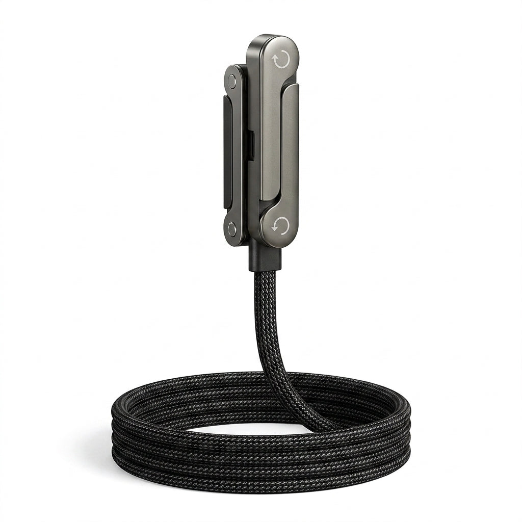 Cell phone stand and charging cable in use on a desk, holding a phone in portrait mode while delivering 240W USB-C fast charging.