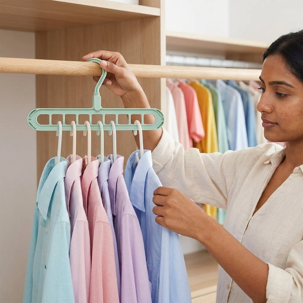 Woman using the closet hanger space saver to organise colourful clothes in a wardrobe, showing how each hanger holds multiple garments vertically.