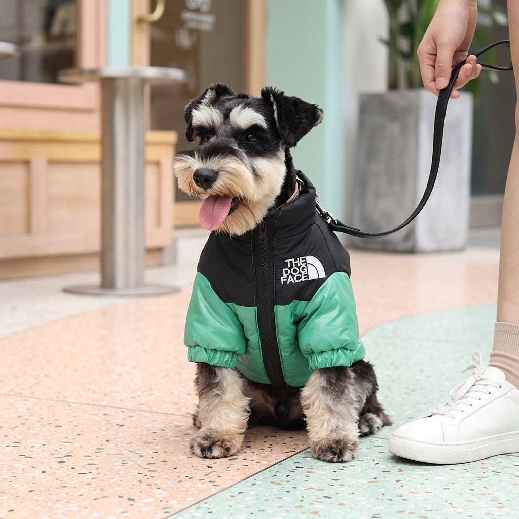 Dog wearing a cold weather dog jacket in green while on a lead outdoors, showing a comfortable and secure fit.