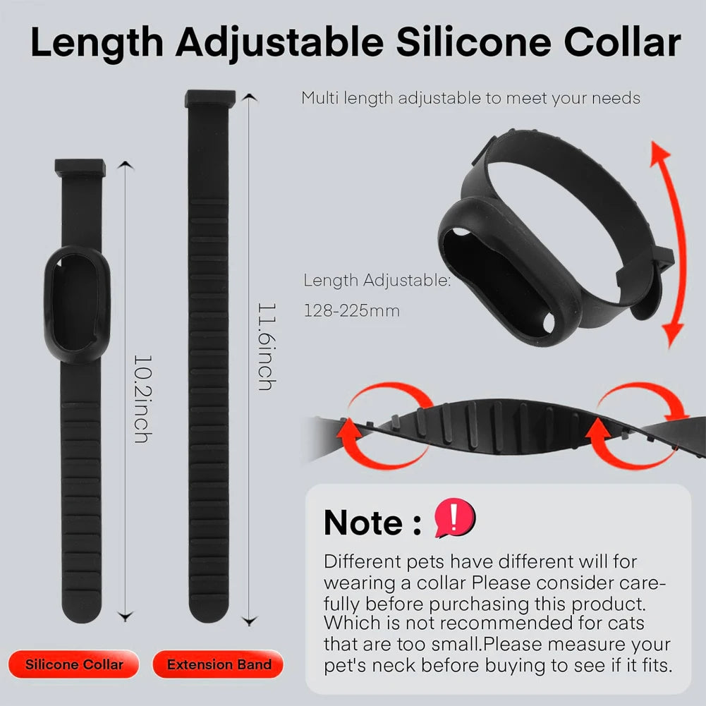 Length adjustable silicone collar size guide for the collar pet camera, showing strap adjustment details.
