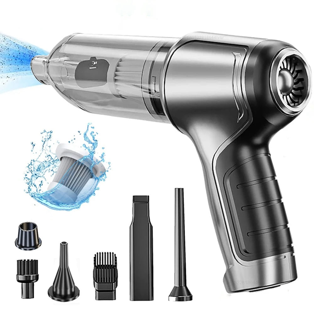 Cordless handheld vacuum shown with all included nozzle attachments and accessories for car and home cleaning.