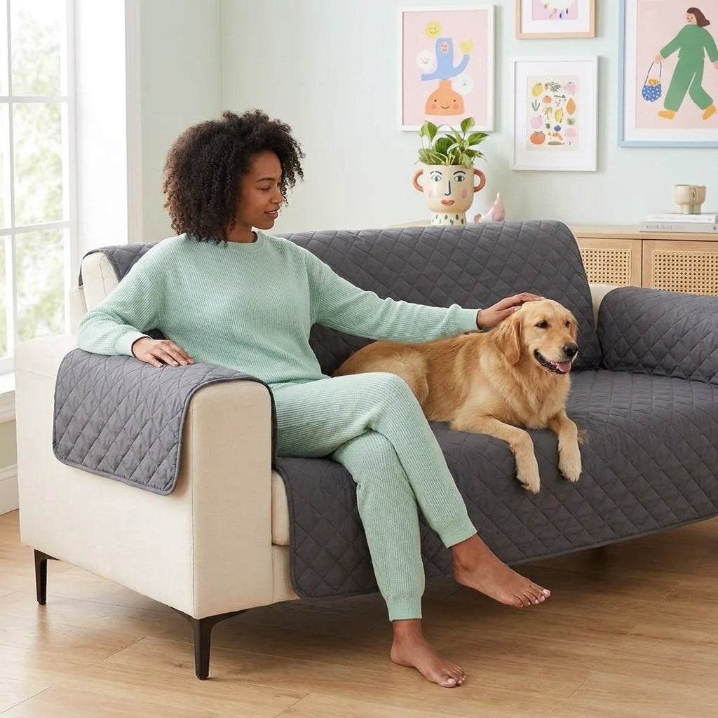 Woman sitting on a sofa with a golden retriever, with the couch cover for dogs protecting the grey fabric from pet hair and scratches.