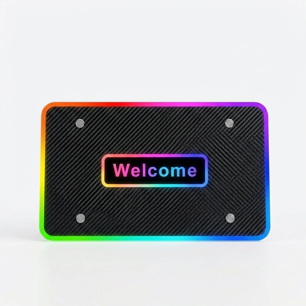 Custom fit car floor mats with colour-changing LED border and personalised text display.