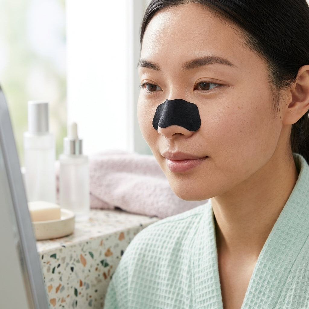 Woman applying a nose strip for deep blackheads on nose while looking in a bathroom mirror during her skincare routine.