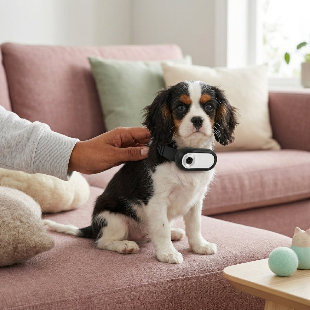 Spaniel dog wearing the dog collar camera while sitting on a sofa, showing a comfortable and secure fit.