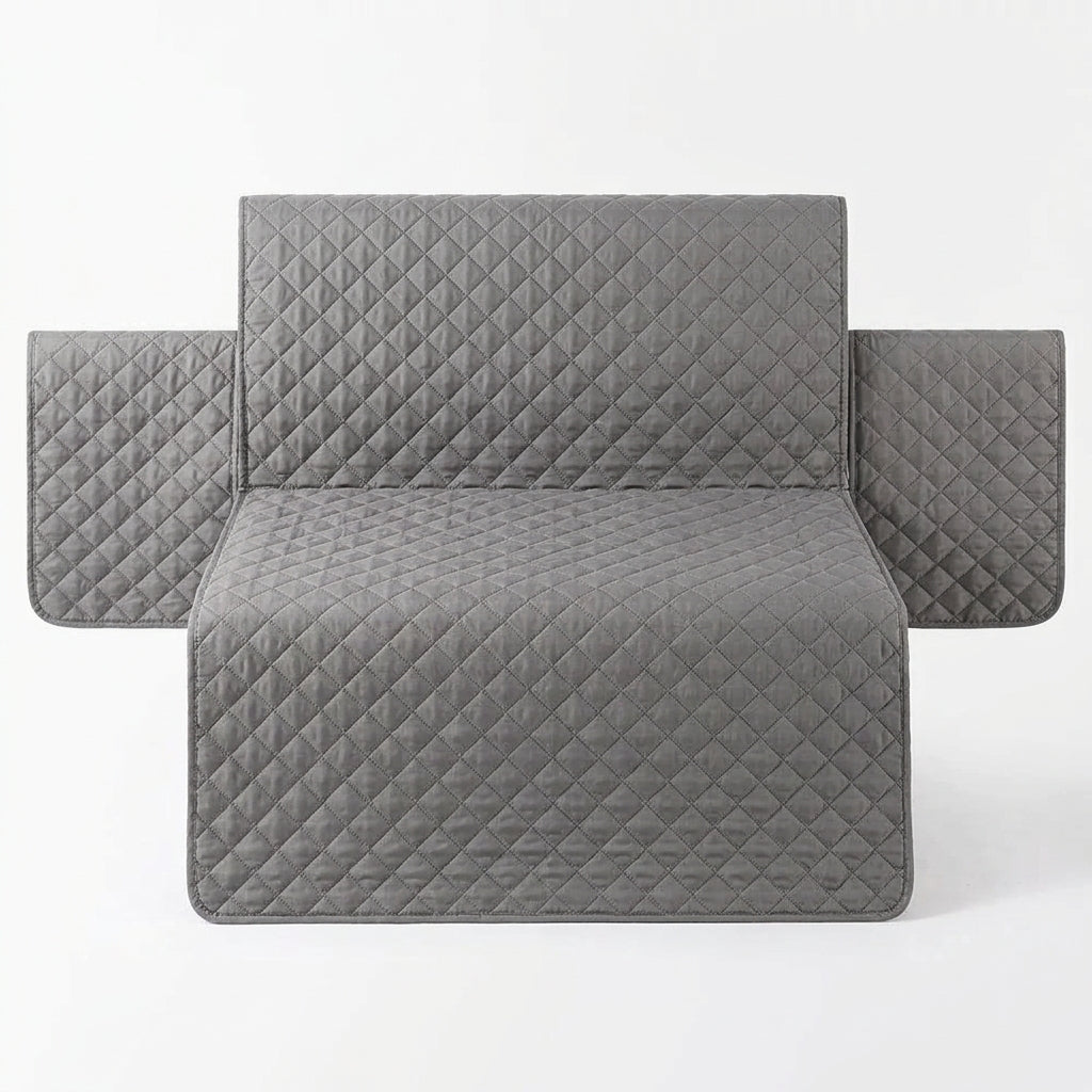Dog sofa cover shown protecting a fabric sofa from pet scratches and spills, with the waterproof quilted surface keeping the sofa clean.