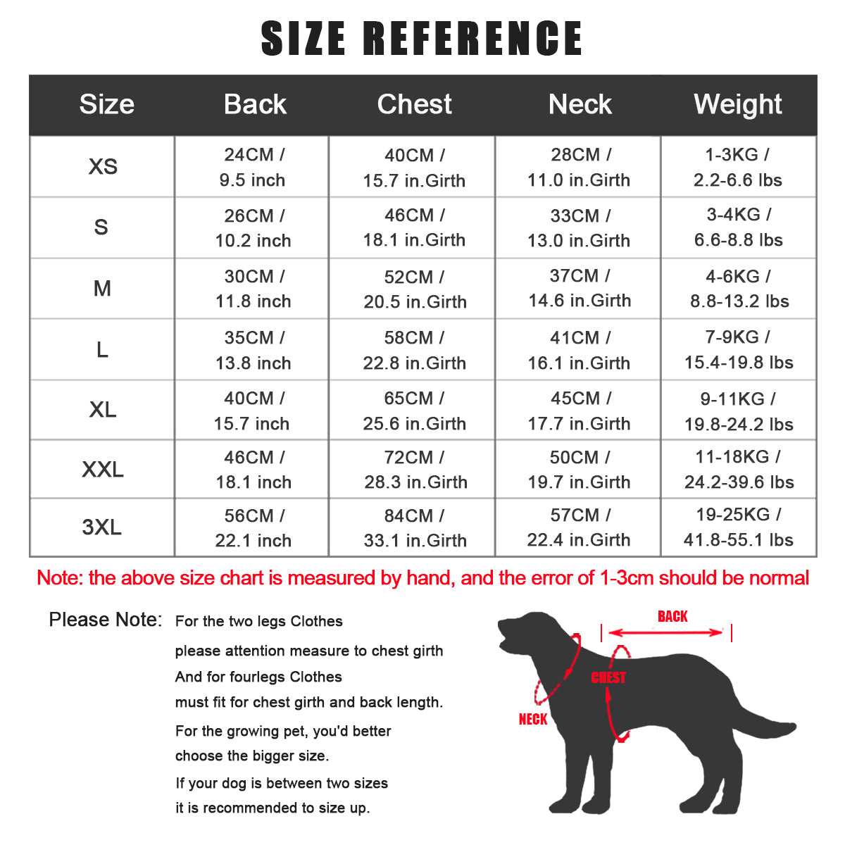 Size reference chart for dog vests for winter, showing measurements for sizes XS through 3XL.