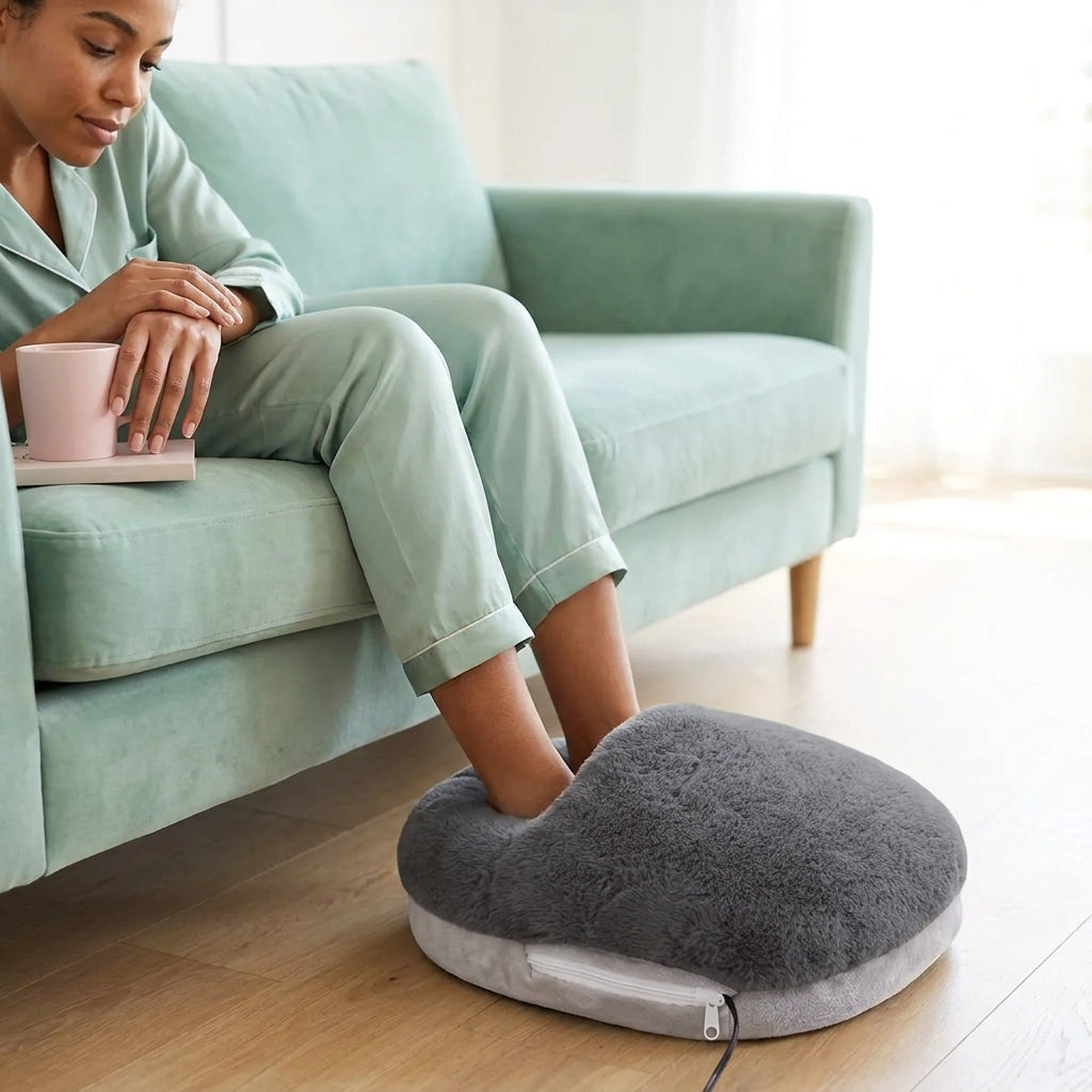 Woman sitting on a sofa with both feet inside the electric feet warmers, showing the generous opening and relaxed home use.