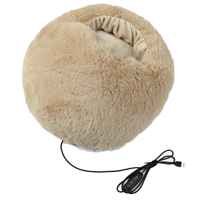 Brown USB electric foot warmer shown with cable on a white background, featuring soft plush goose down padding for home and office use.