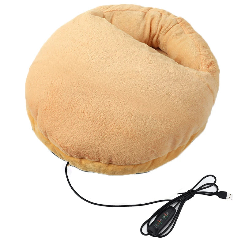 Coffee USB electric foot warmer shown with cable on a white background, featuring soft plush goose down padding for home and office use