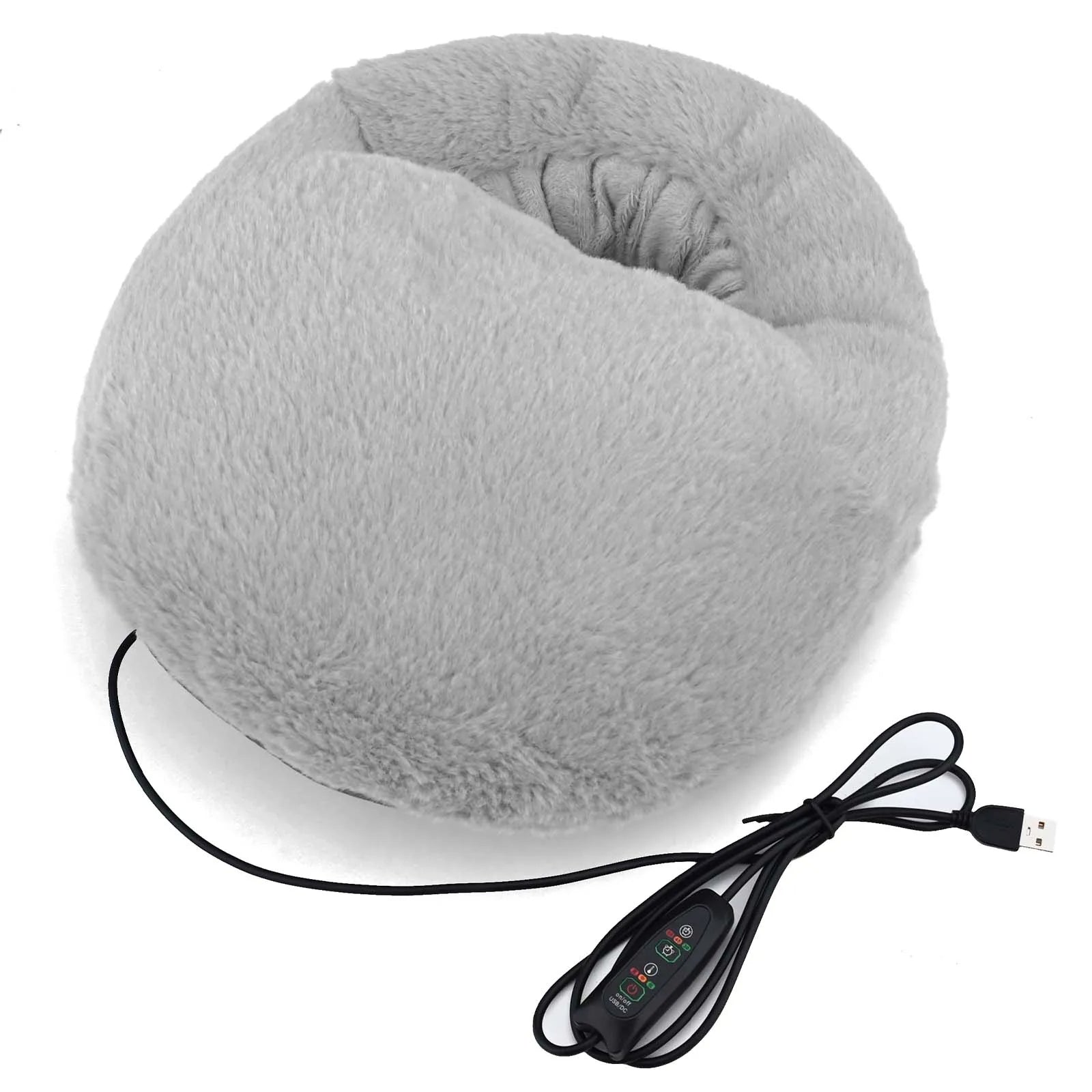 Grey USB electric foot warmer shown with cable on a white background, featuring soft plush goose down padding for home and office use.