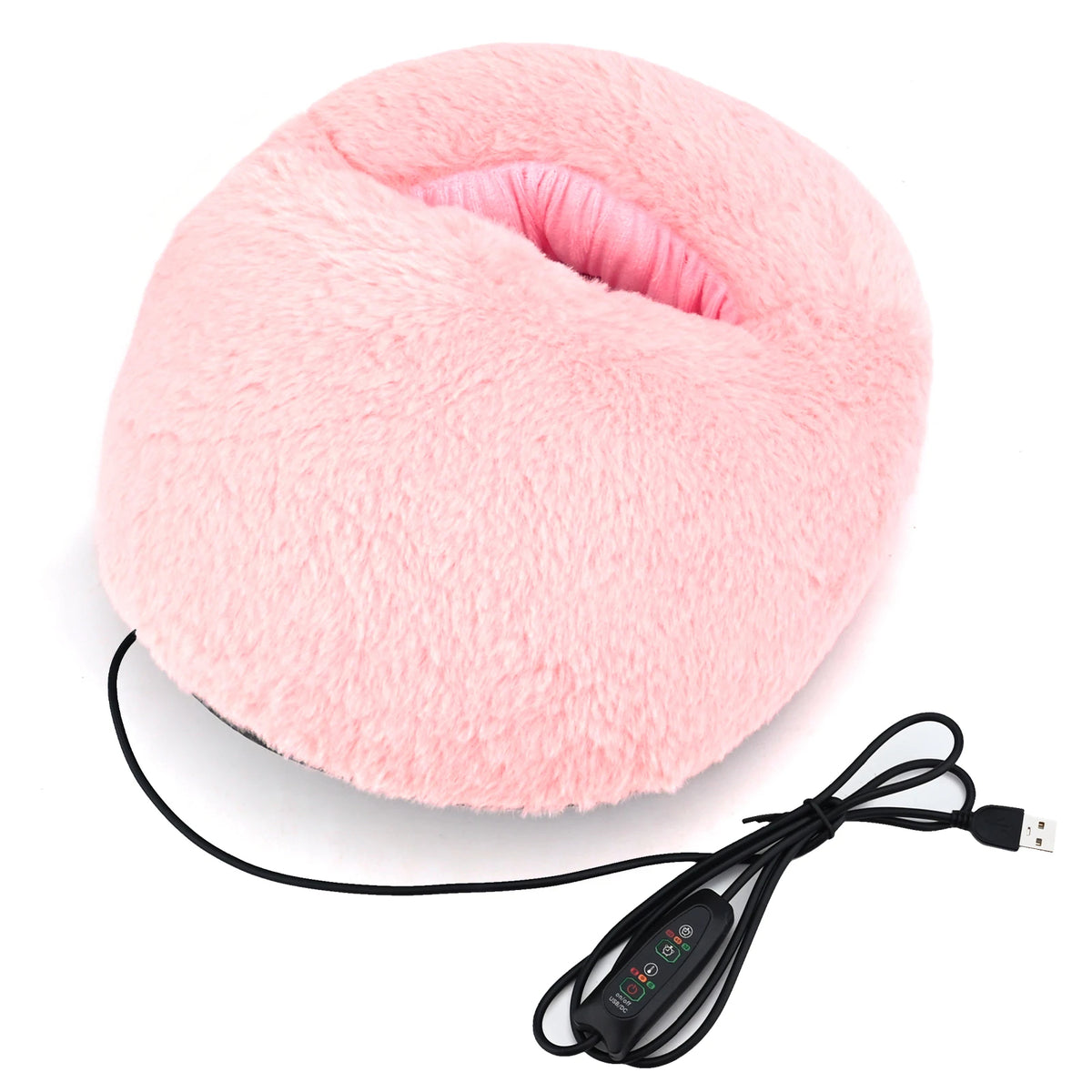 Pink USB electric foot warmer shown with cable on a white background, featuring soft plush goose down padding for home and office use