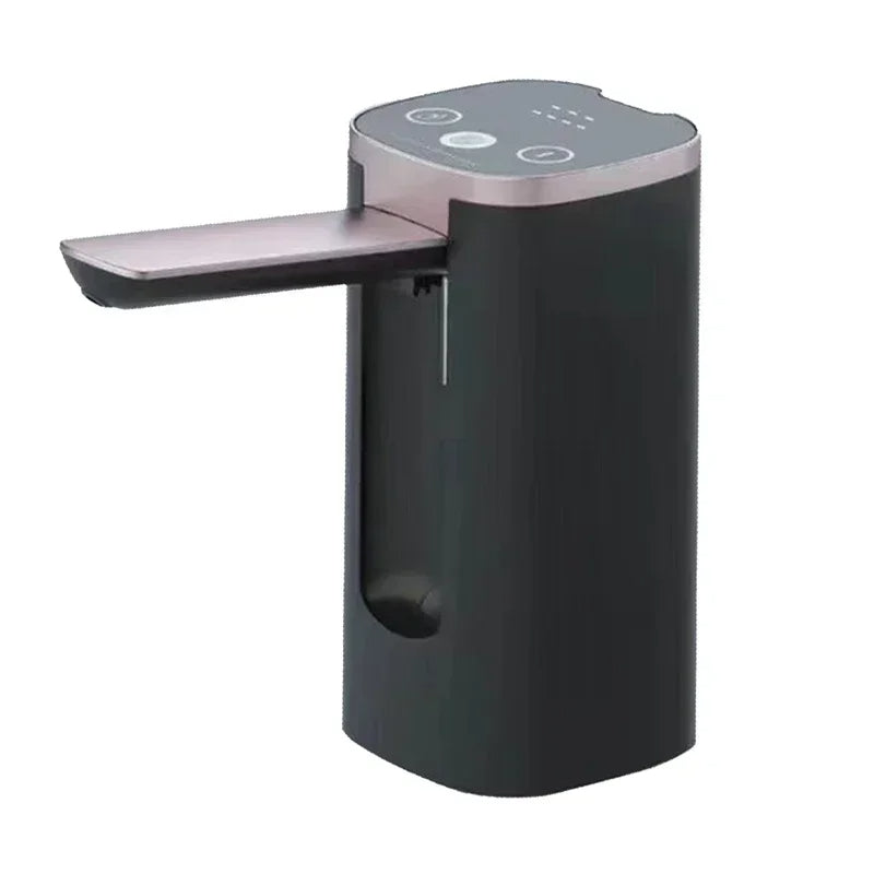 Black electric liquor dispenser mounted on a spirit bottle, showing the sleek quantitative pump design for home bar use.