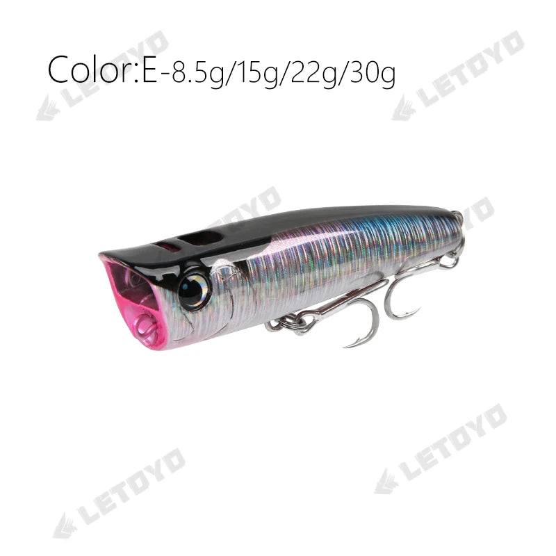 Topwater popper colour E - firetiger red and orange pattern, a high-visibility lure for bass and stripers fishing.