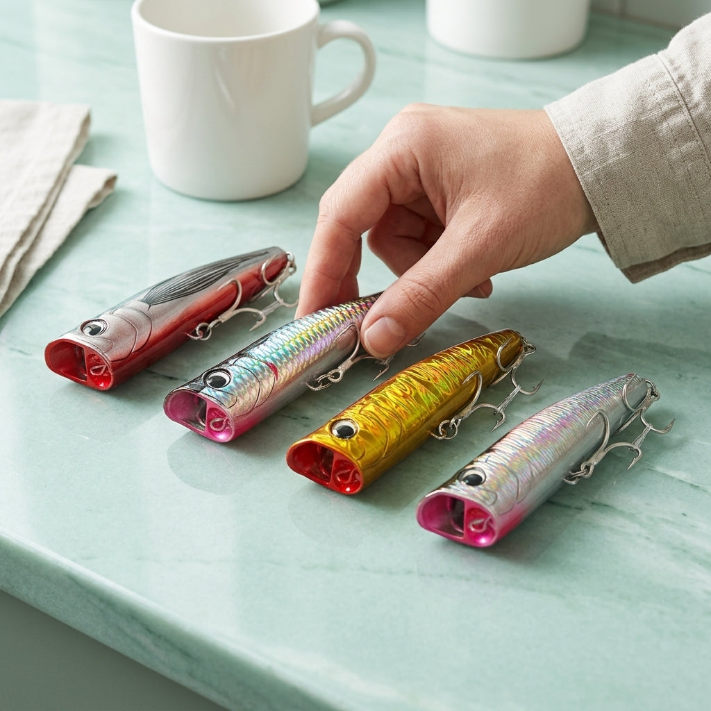 Hand holding multiple fishing lure colour variants over a tackle box, showing the range of realistic finishes available for bass and pike fishing.
