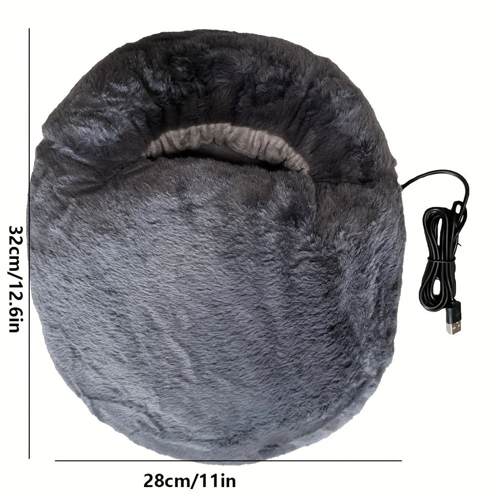 Close-up of feet inside the foot heater pad, showing the soft plush goose down interior that wraps around the feet for even warmth distribution